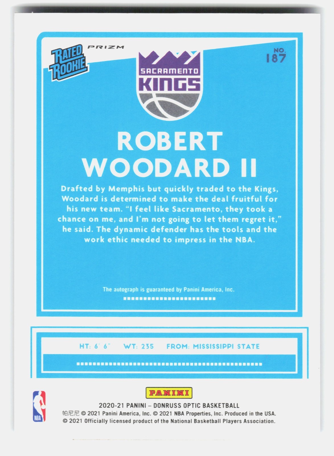 Robert Woodard II 2020 21 Donruss Optic Rated Rookie Auto Purple Kings1