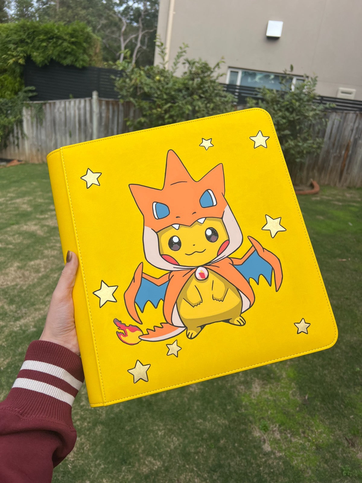 HAND PAINTED PIKACHU CHARIZARD PONCHO POG Stealth 12 Pocket 480 Yellow OOAK1